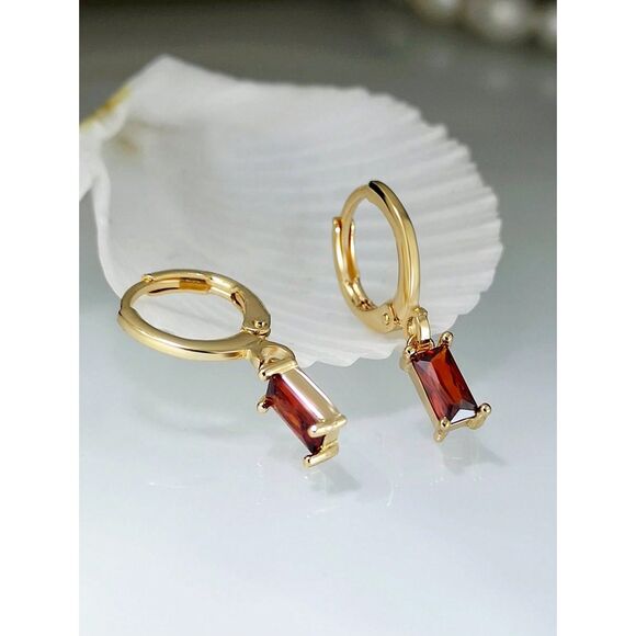 Emerald Cut Ruby Red Glass Earrings Dangle Drop Goldtone Hoop Delicate Feminine - Picture 4 of 7